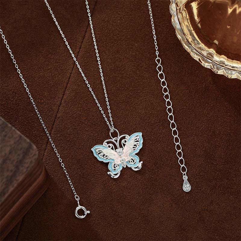 Wear FengShui 999 Sterling Silver Butterfly Blue Enamel Protection Necklace Pendant
