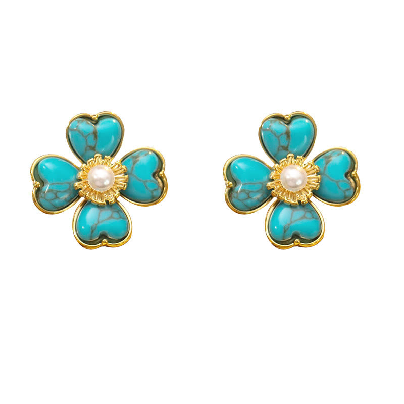 Wear FengShui Turquoise Love Heart Flower Copper Healing Stud Earrings