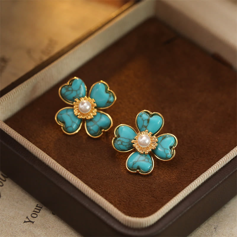 Wear FengShui Turquoise Love Heart Flower Copper Healing Stud Earrings