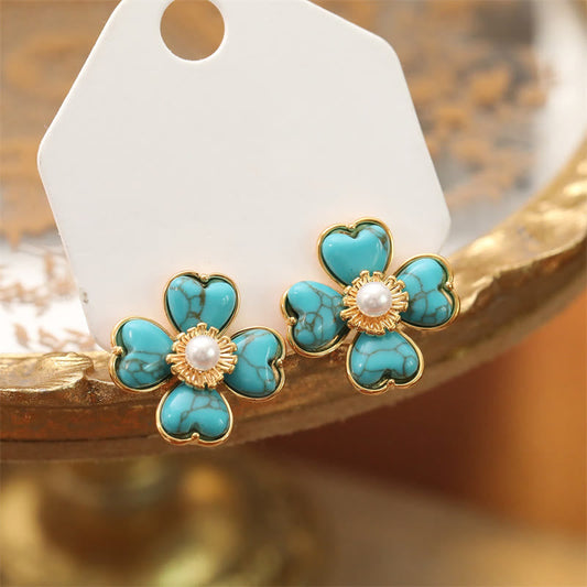 Wear FengShui Turquoise Love Heart Flower Copper Healing Stud Earrings