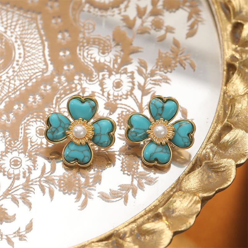 Wear FengShui Turquoise Love Heart Flower Copper Healing Stud Earrings