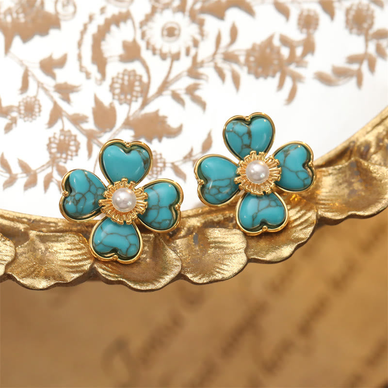 Wear FengShui Turquoise Love Heart Flower Copper Healing Stud Earrings