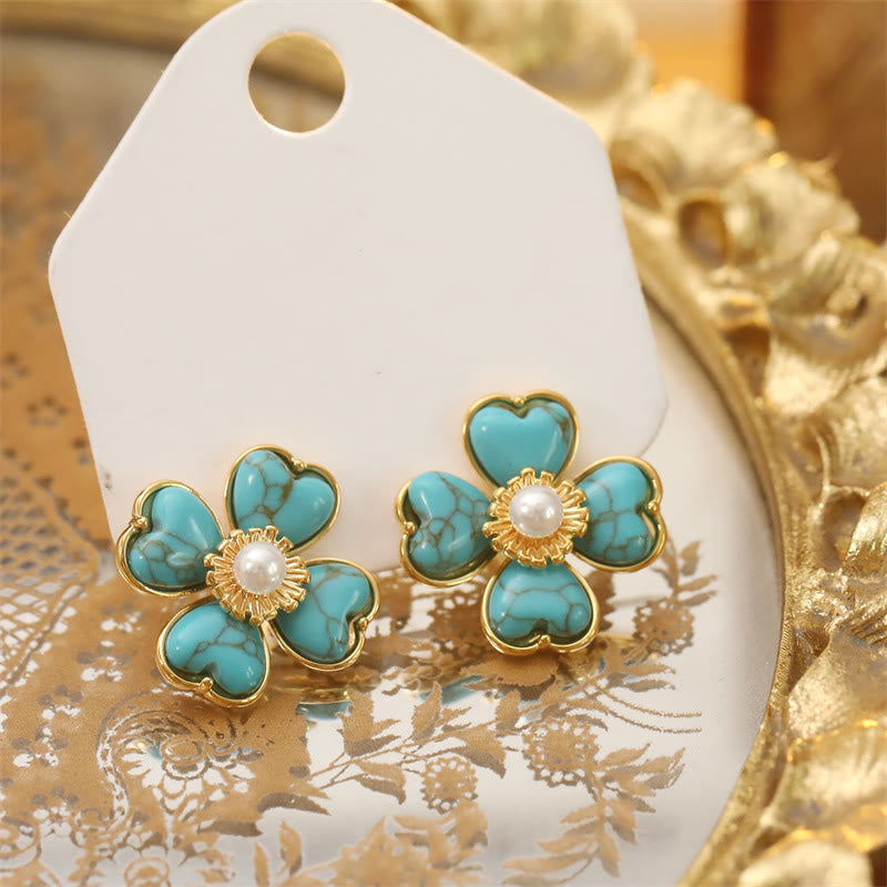 Wear FengShui Turquoise Love Heart Flower Copper Healing Stud Earrings