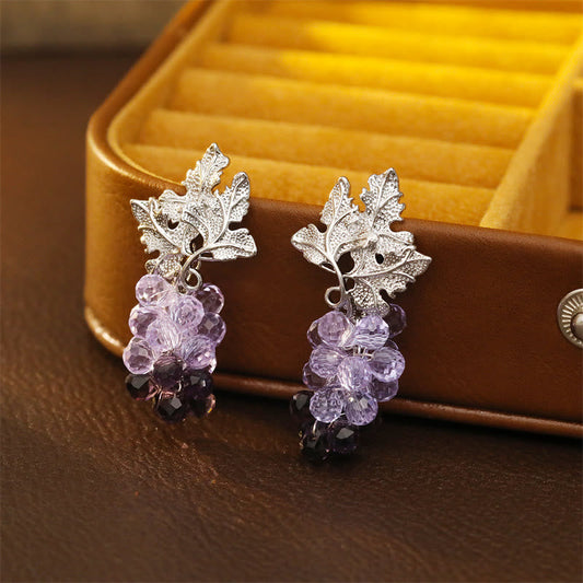 Wear FengShui Purple Grape Leaves Copper Wealth Stud Earrings