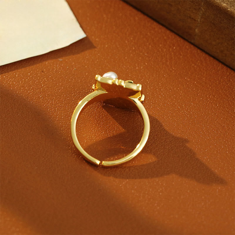 Wear FengShui Vintage Oil Painting Lotus Flower Pearl Copper Wealth Ring