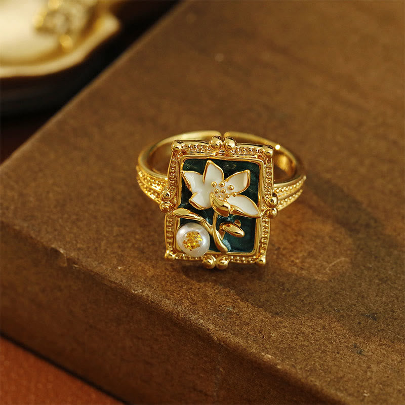 Wear FengShui Vintage Oil Painting Lotus Flower Pearl Copper Wealth Ring
