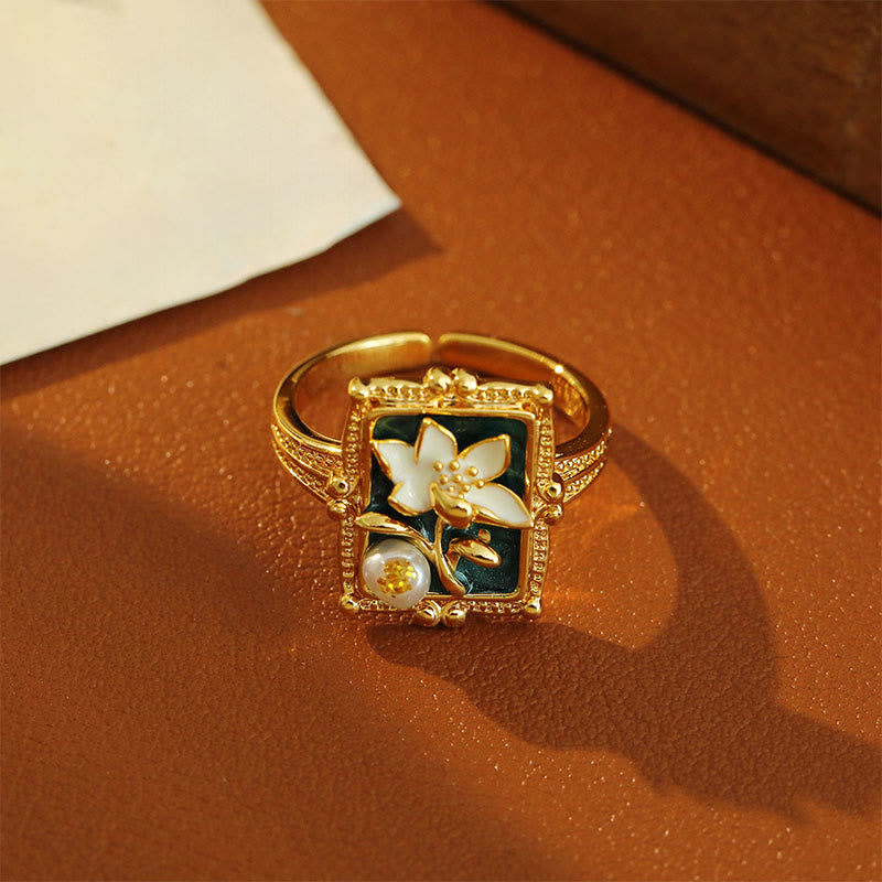 Wear FengShui Vintage Oil Painting Lotus Flower Pearl Copper Wealth Ring