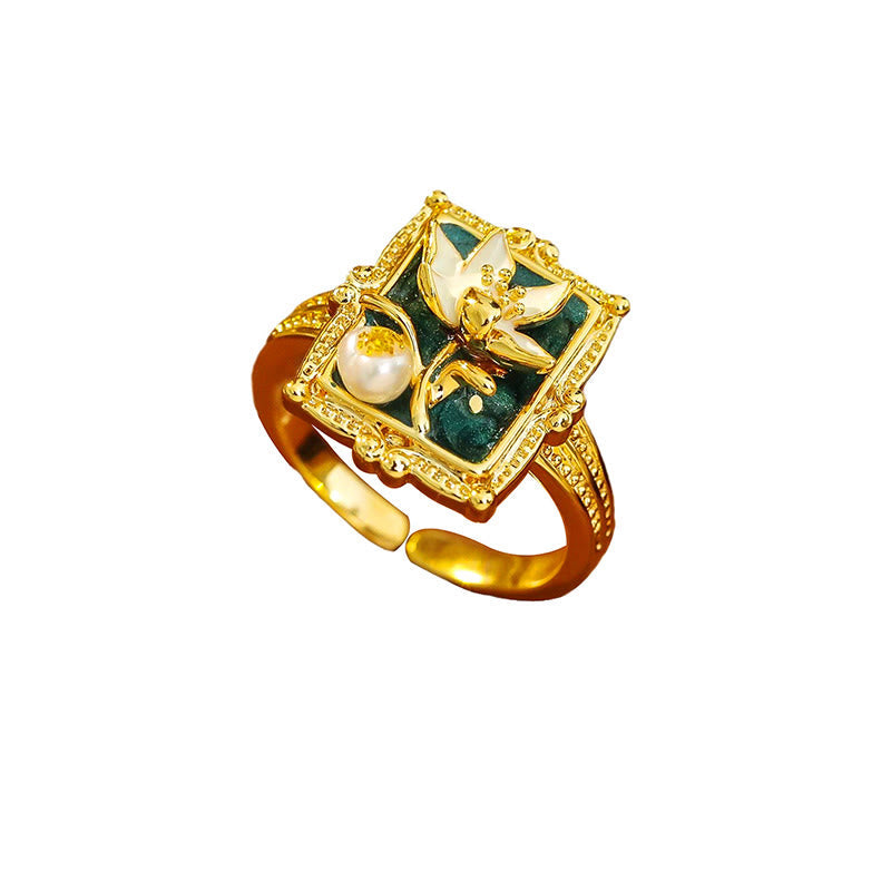 Wear FengShui Vintage Oil Painting Lotus Flower Pearl Copper Wealth Ring