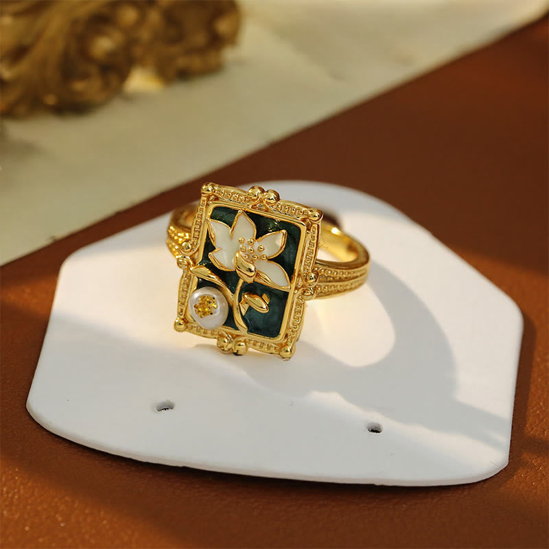 Wear FengShui Vintage Oil Painting Lotus Flower Pearl Copper Wealth Ring