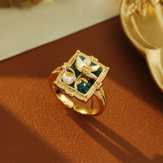 Wear FengShui Vintage Oil Painting Lotus Flower Pearl Copper Wealth Ring