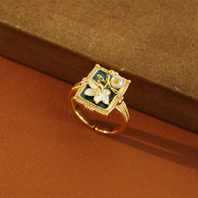 Wear FengShui Vintage Oil Painting Lotus Flower Pearl Copper Wealth Ring