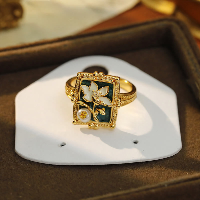 Wear FengShui Vintage Oil Painting Lotus Flower Pearl Copper Wealth Ring