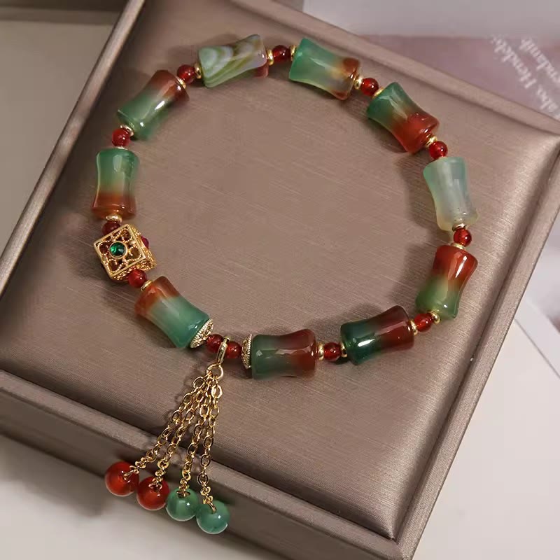 Wear FengShui Colorful Peacock Agate Bamboo Beads Tassel Courage Bracelet