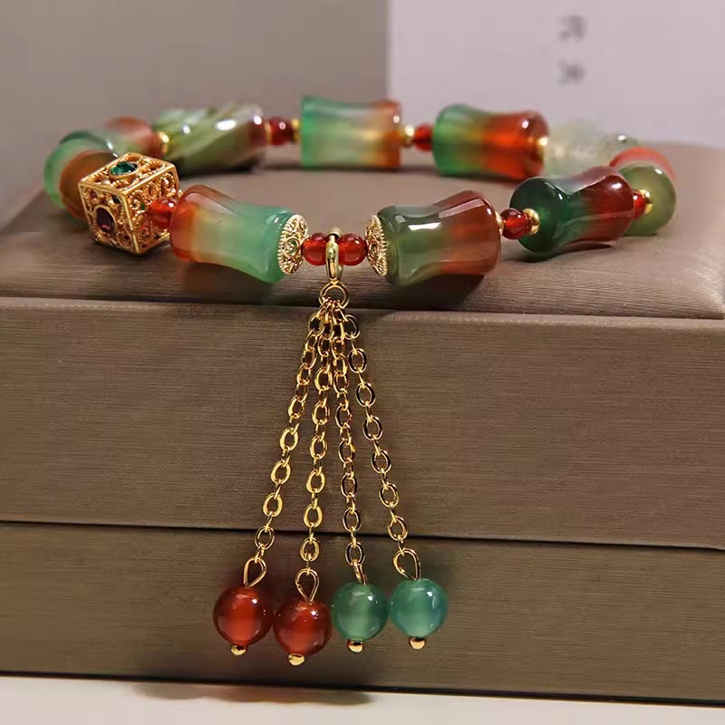 Wear FengShui Colorful Peacock Agate Bamboo Beads Tassel Courage Bracelet