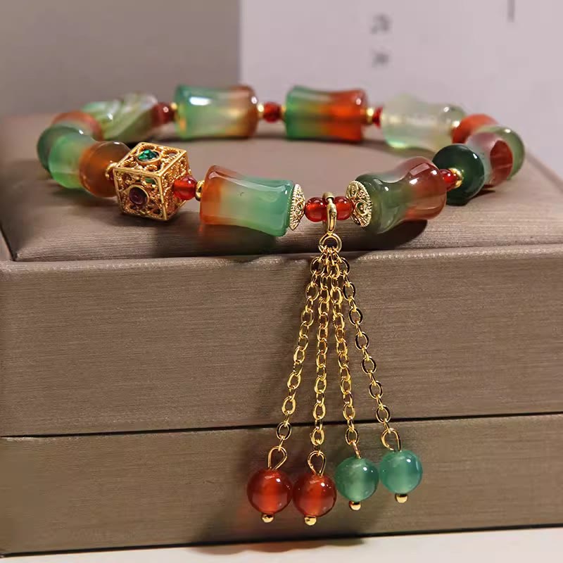 Wear FengShui Colorful Peacock Agate Bamboo Beads Tassel Courage Bracelet