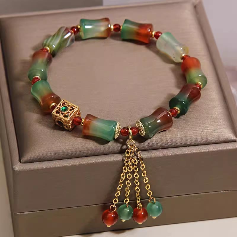 Wear FengShui Colorful Peacock Agate Bamboo Beads Tassel Courage Bracelet