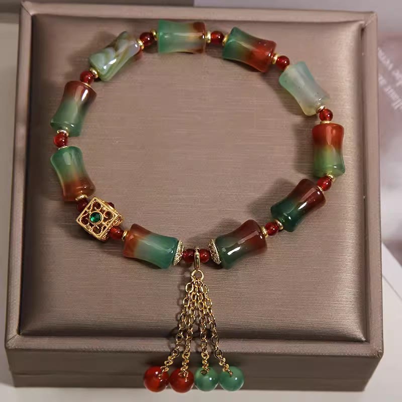 Wear FengShui Colorful Peacock Agate Bamboo Beads Tassel Courage Bracelet