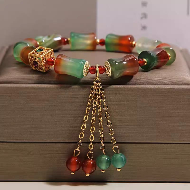 Wear FengShui Colorful Peacock Agate Bamboo Beads Tassel Courage Bracelet