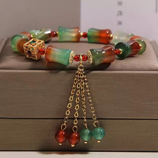 Wear FengShui Colorful Peacock Agate Bamboo Beads Tassel Courage Bracelet
