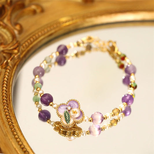 Wear FengShui Pearl Turquoise Beads Flower Design Copper Luck Chain Bracelet