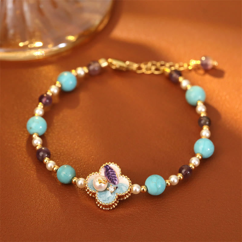 Wear FengShui Pearl Turquoise Beads Flower Design Copper Luck Chain Bracelet