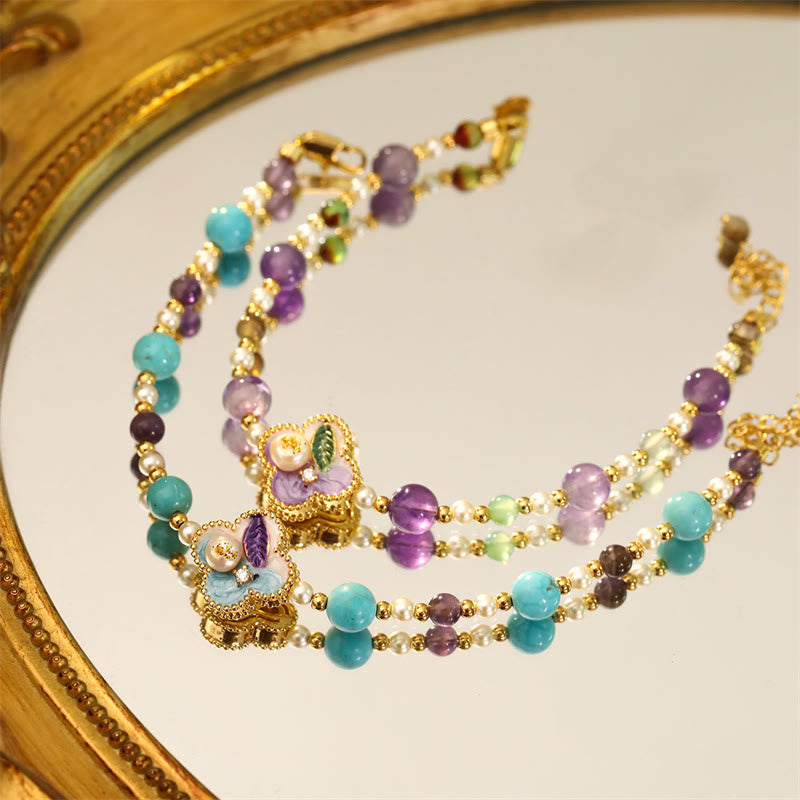 Wear FengShui Pearl Turquoise Beads Flower Design Copper Luck Chain Bracelet