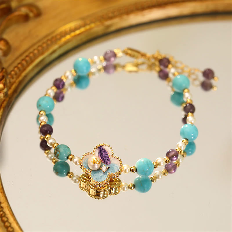 Wear FengShui Pearl Turquoise Beads Flower Design Copper Luck Chain Bracelet