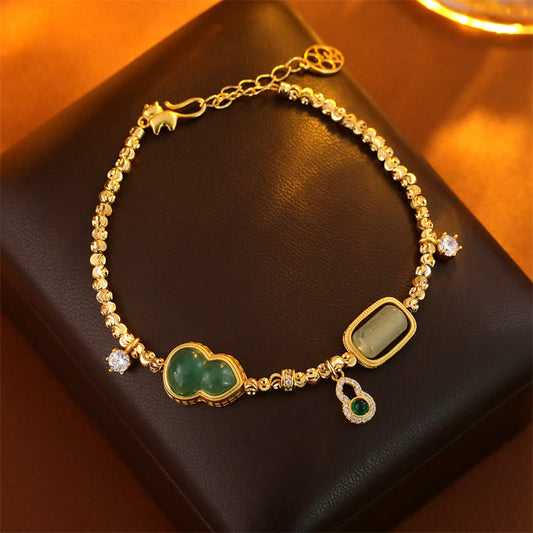 Wear FengShui Gourd Green Agate Zircon Copper Beads Support Chain Bracelet