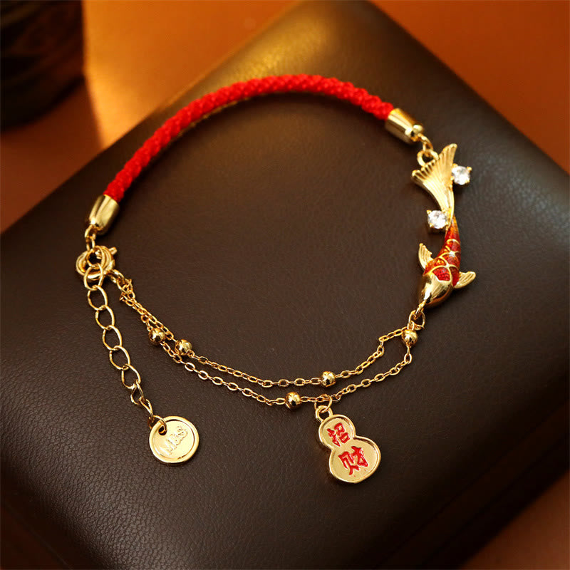 Wear FengShui Koi Fish Attract Wealth Gourd Charm Design Red String Luck Bracelet