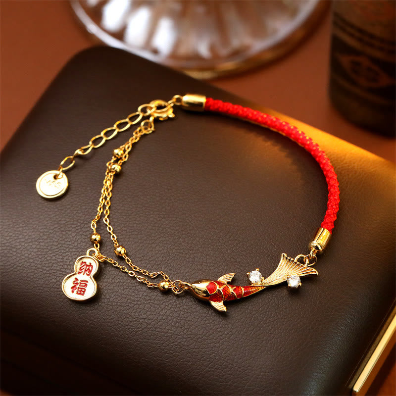 Wear FengShui Koi Fish Attract Wealth Gourd Charm Design Red String Luck Bracelet