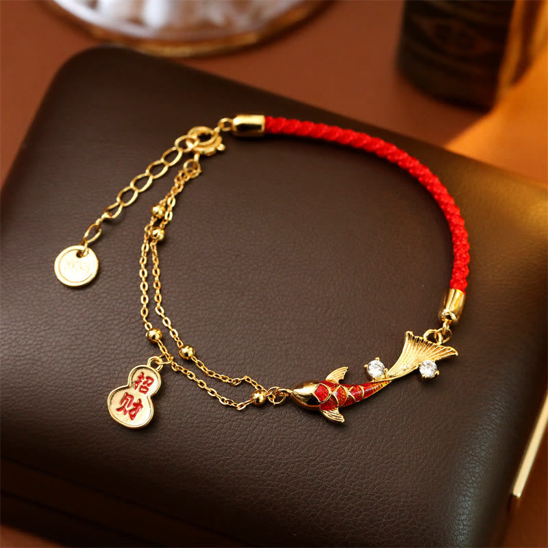 Wear FengShui Koi Fish Attract Wealth Gourd Charm Design Red String Luck Bracelet