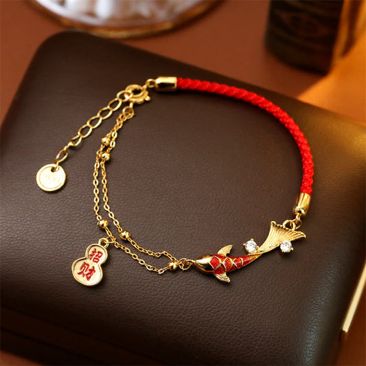 Wear FengShui Koi Fish Attract Wealth Gourd Charm Design Red String Luck Bracelet