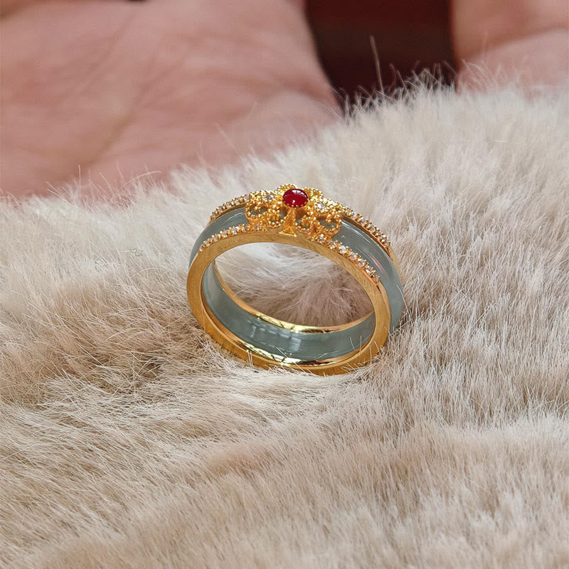Buddha Stones Gold-Plated Copper Glass Flower Wealth Ring