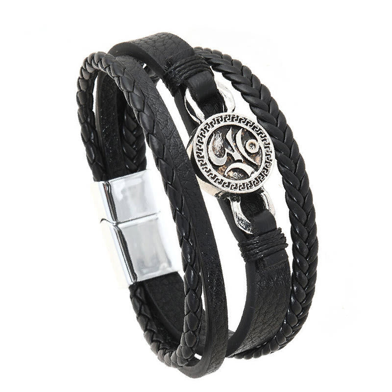 Wear FengShui Om Round Engraved Multilayered Braided Retro Leather Bracelet