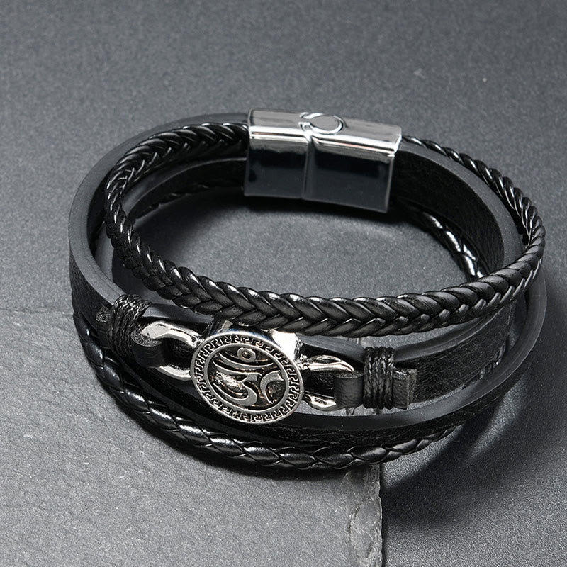 Wear FengShui Om Round Engraved Multilayered Braided Retro Leather Bracelet