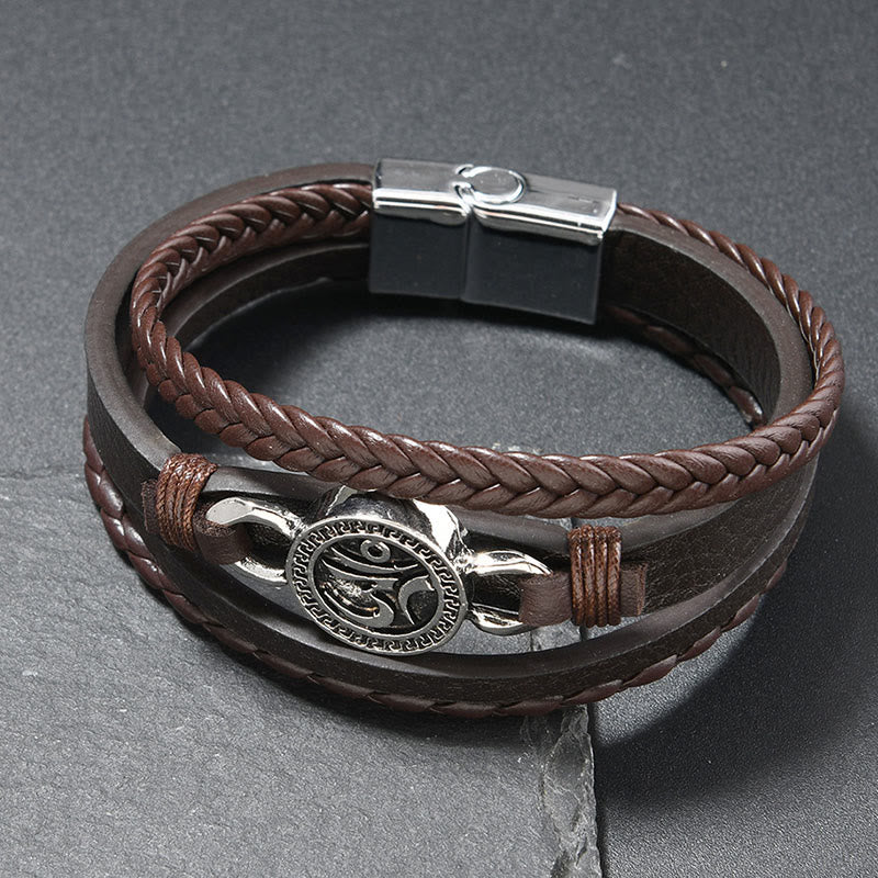 Wear FengShui Om Round Engraved Multilayered Braided Retro Leather Bracelet