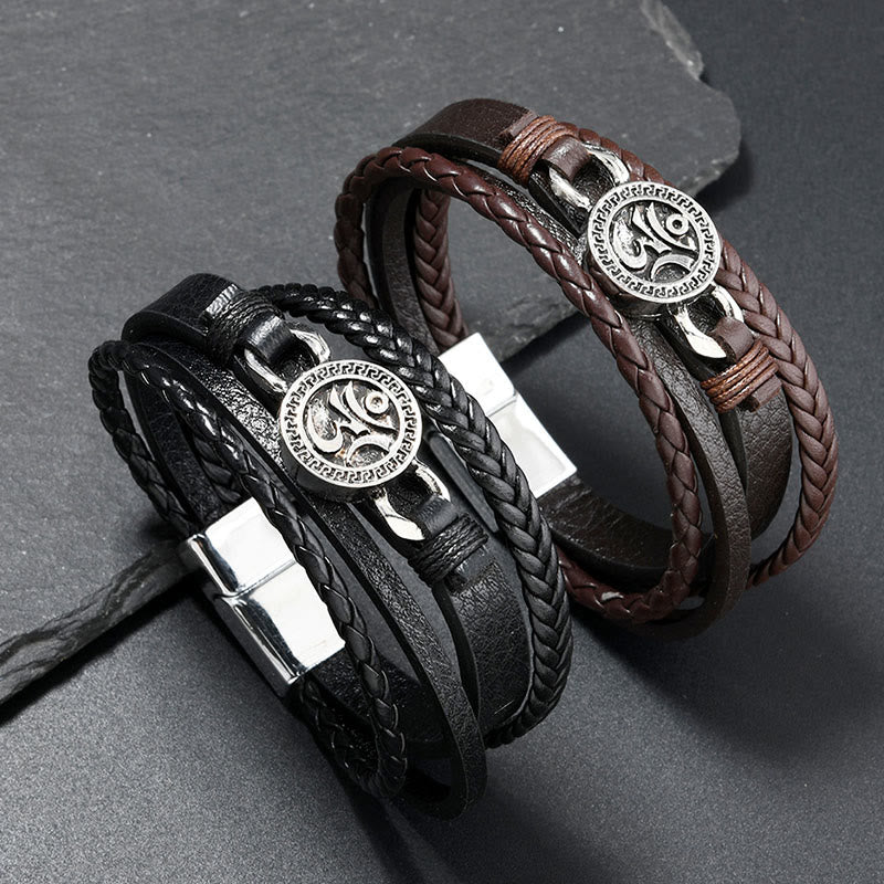 Wear FengShui Om Round Engraved Multilayered Braided Retro Leather Bracelet