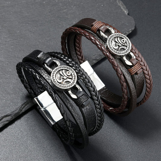 Wear FengShui Om Round Engraved Multilayered Braided Retro Leather Bracelet