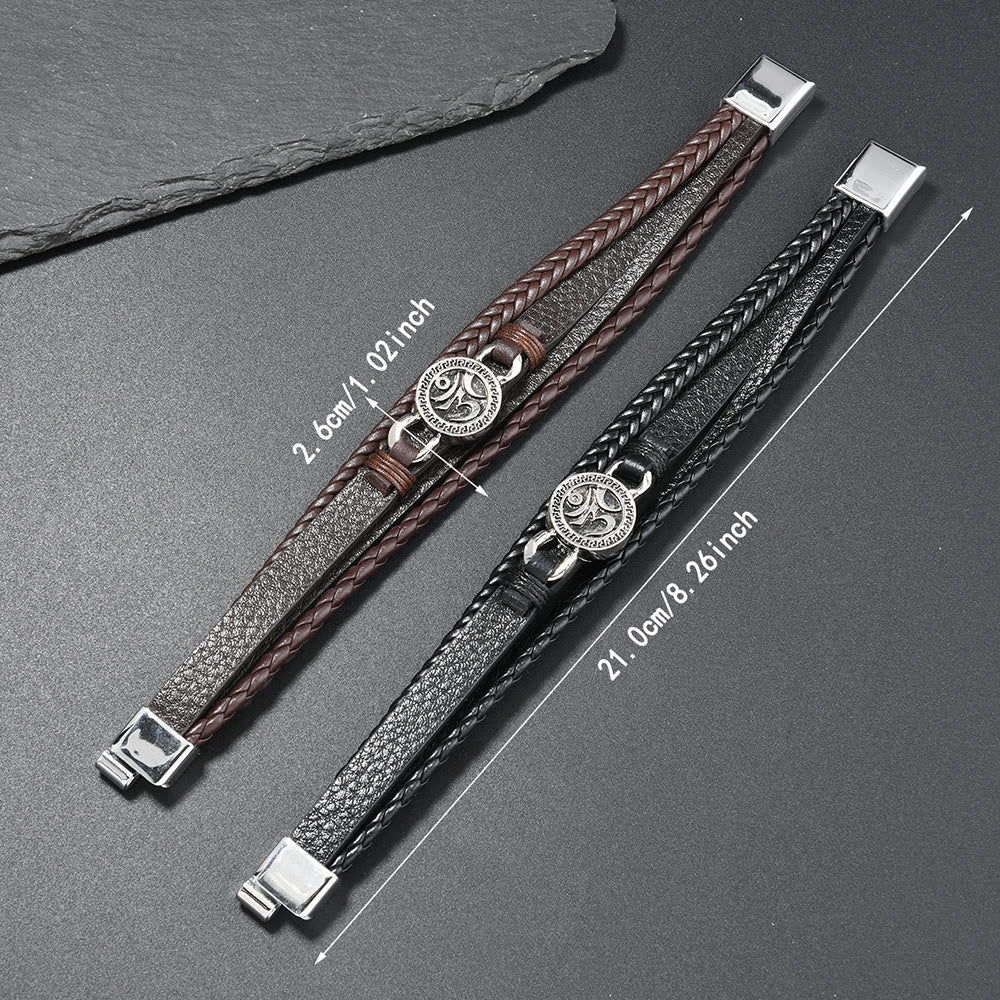 Wear FengShui Om Round Engraved Multilayered Braided Retro Leather Bracelet