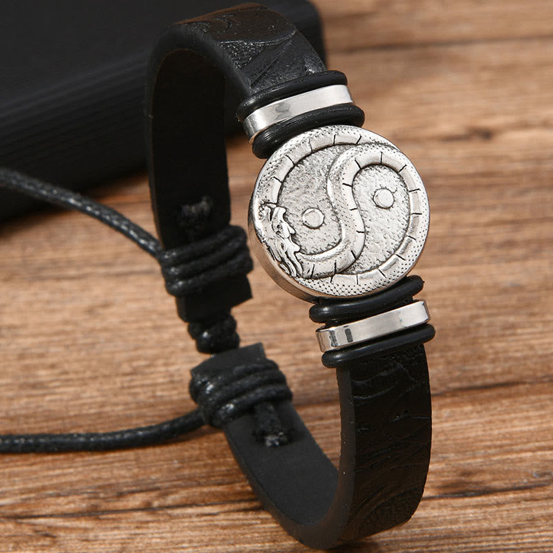 Wear FengShui Round Engraved YIN YANG Dragon Leather Balance Bracelet