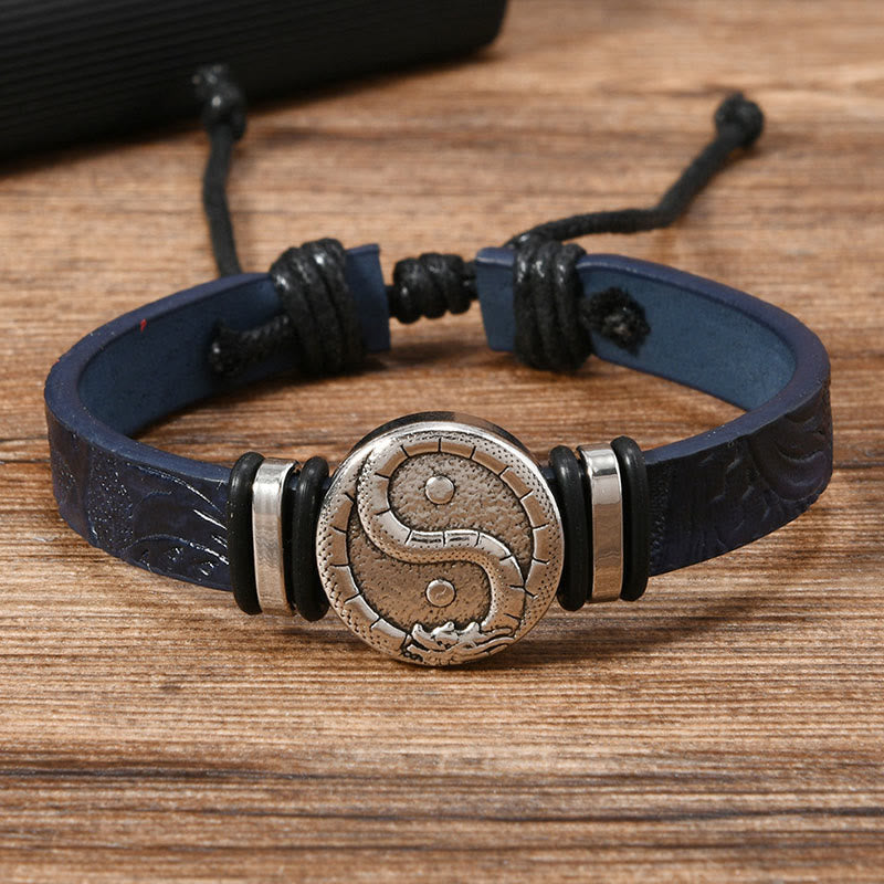 Wear FengShui Round Engraved YIN YANG Dragon Leather Balance Bracelet