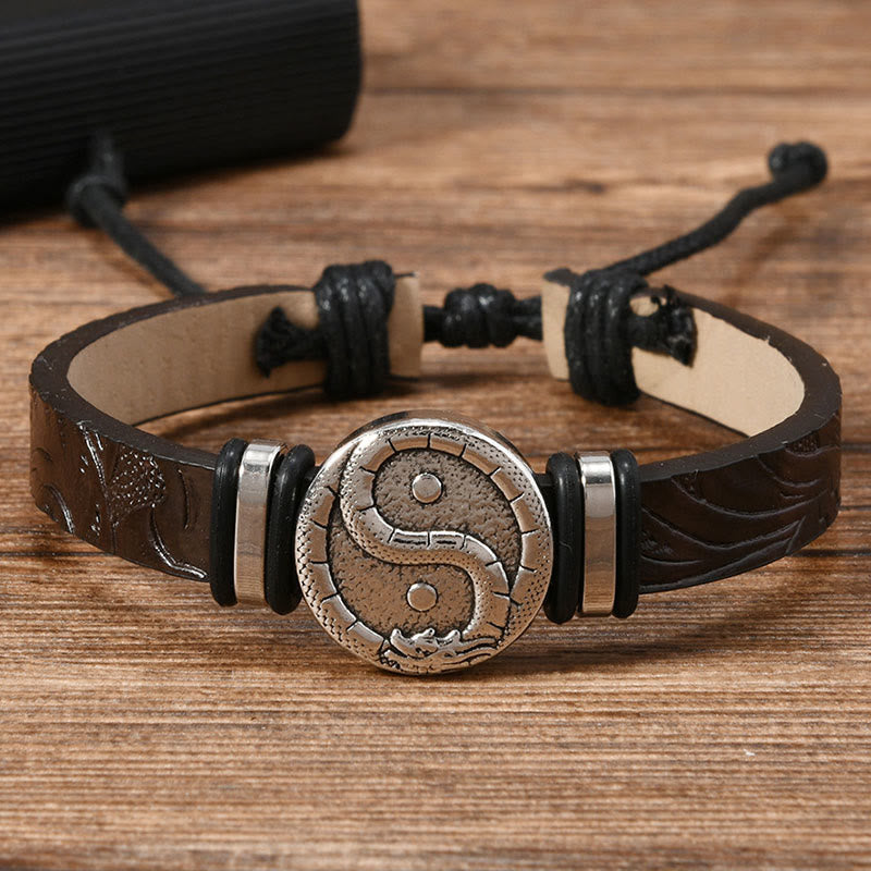 Wear FengShui Round Engraved YIN YANG Dragon Leather Balance Bracelet