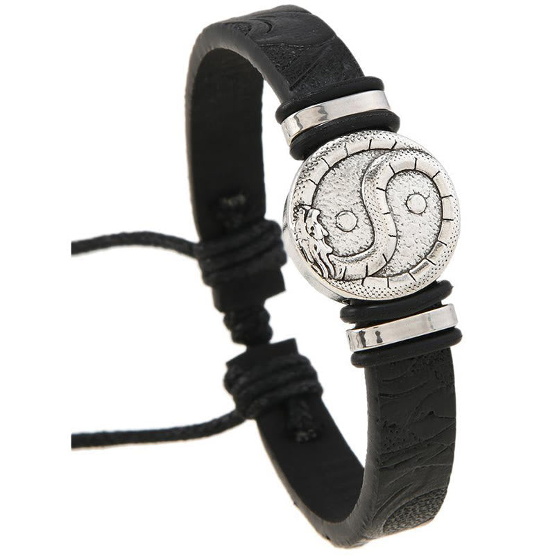 Wear FengShui Round Engraved YIN YANG Dragon Leather Balance Bracelet