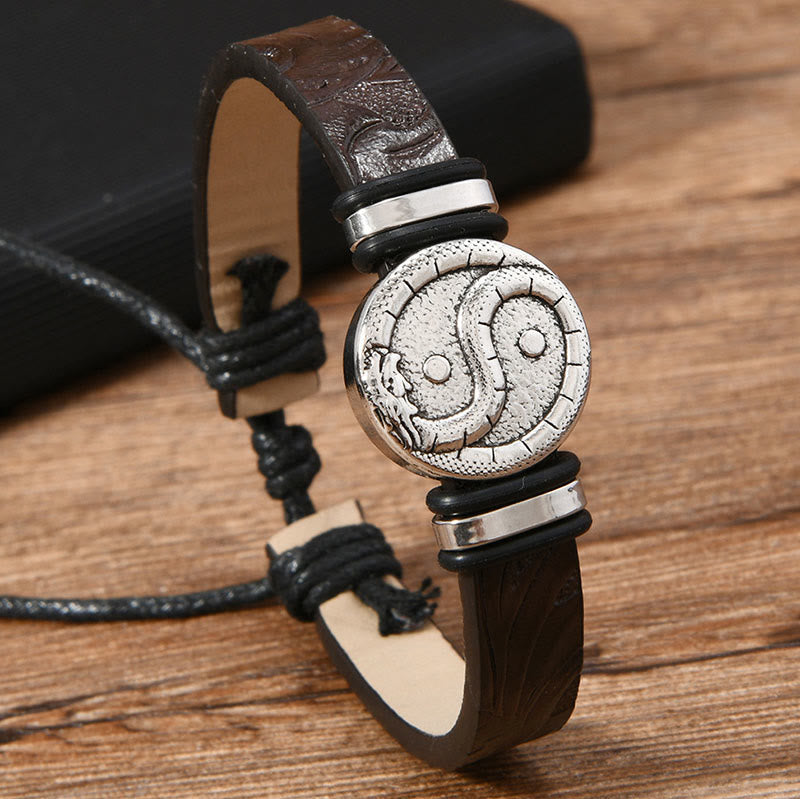 Wear FengShui Round Engraved YIN YANG Dragon Leather Balance Bracelet
