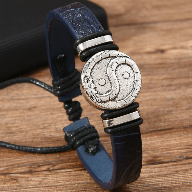 Wear FengShui Round Engraved YIN YANG Dragon Leather Balance Bracelet
