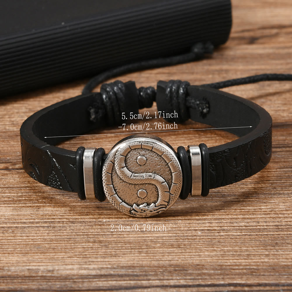 Wear FengShui Round Engraved YIN YANG Dragon Leather Balance Bracelet
