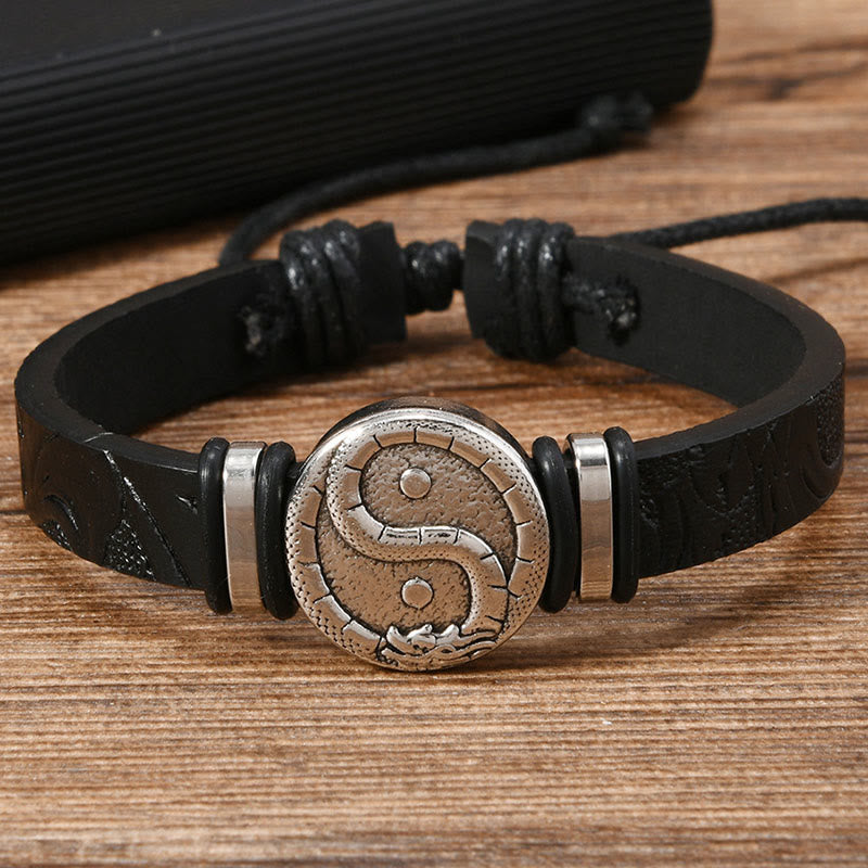 Wear FengShui Round Engraved YIN YANG Dragon Leather Balance Bracelet