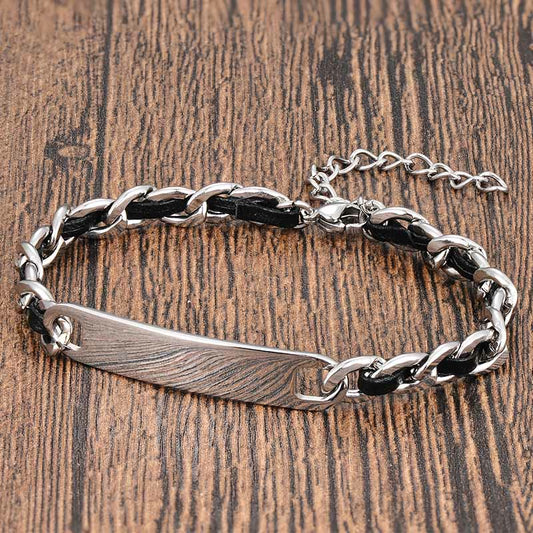 Wear FengShui Chain Leather Inlay Bar Plate Braided Leather Strengthen Cuban Bracelet