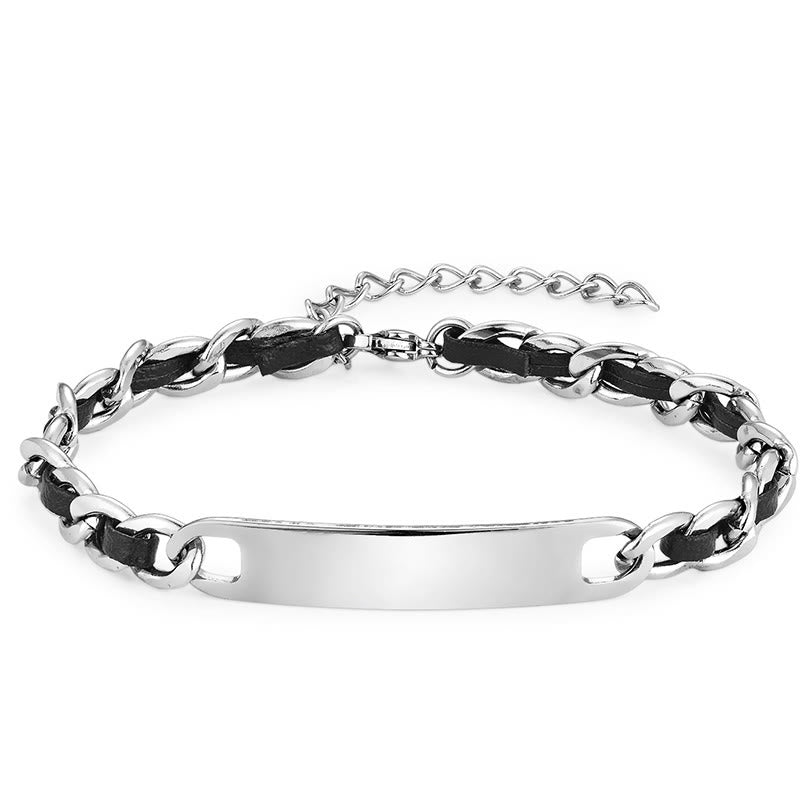 Wear FengShui Chain Leather Inlay Bar Plate Braided Leather Strengthen Cuban Bracelet