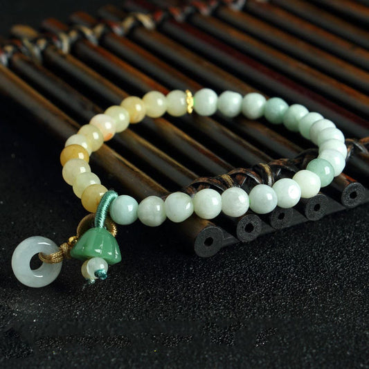 Wear FengShui Jade Quartzite Peace Buckle Lotus Pod Charm Luck Abundance Bracelet